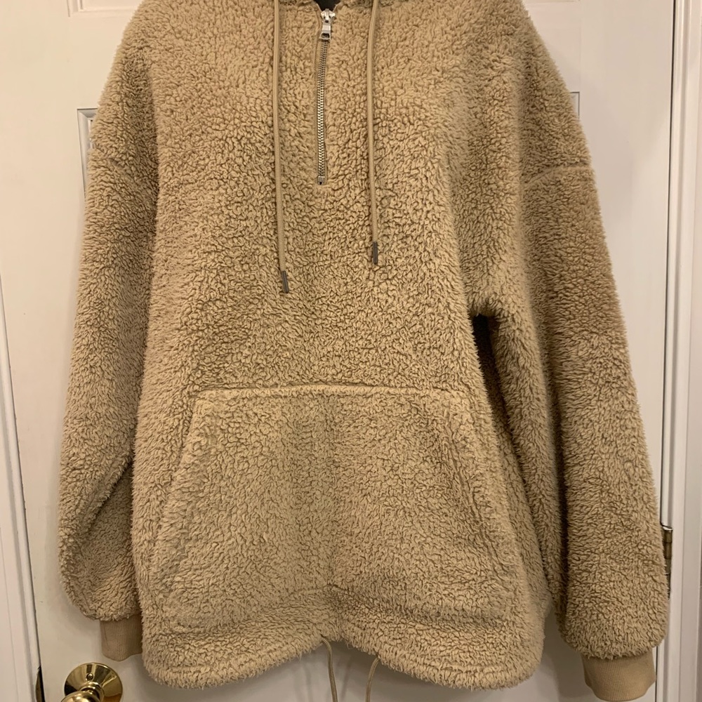 Tan Brown half zip oversized teddy coat size m